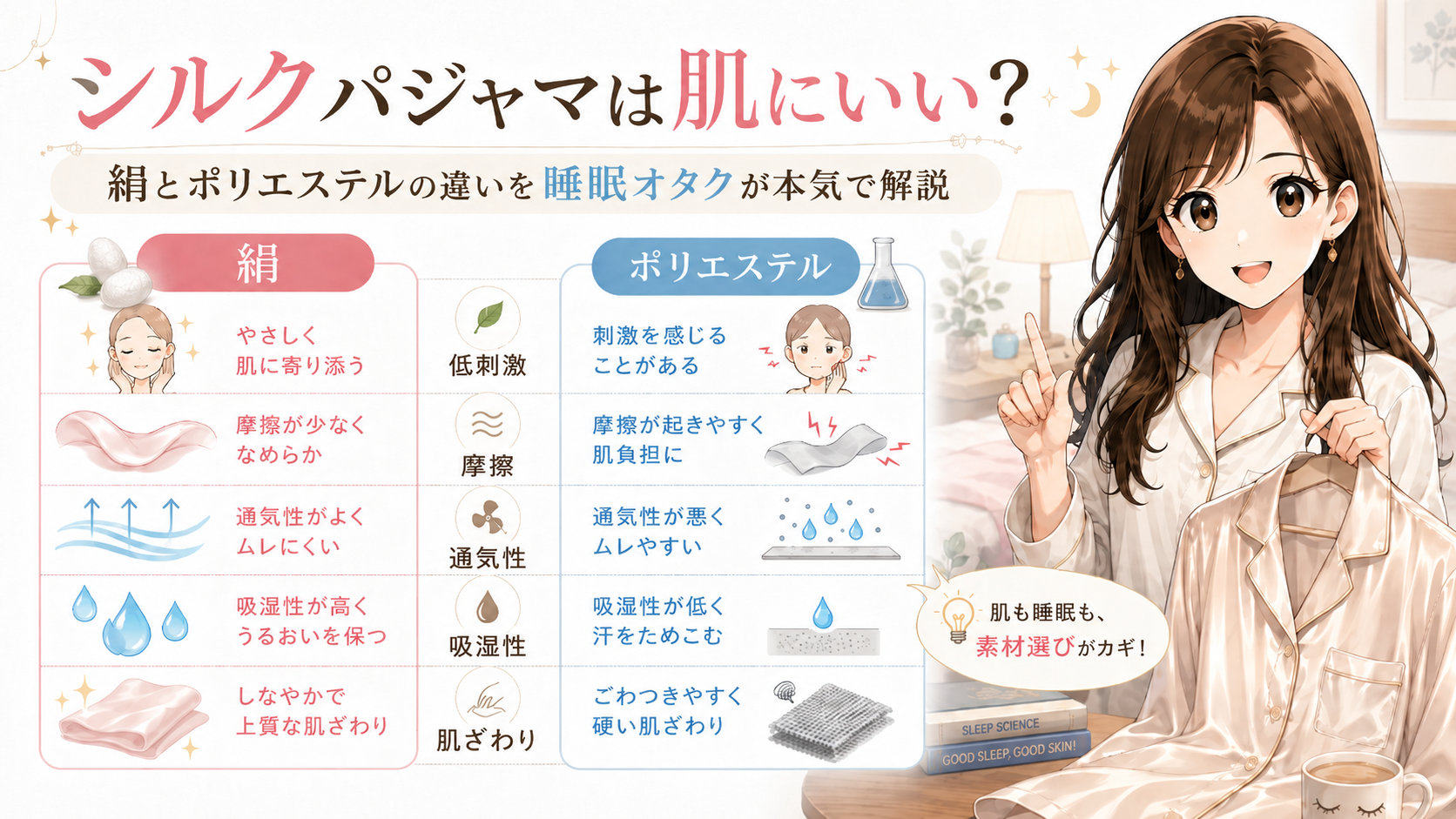 シルクパジャマは肌にいい?絹とポリエステルの違いを睡眠オタクが本気で解説